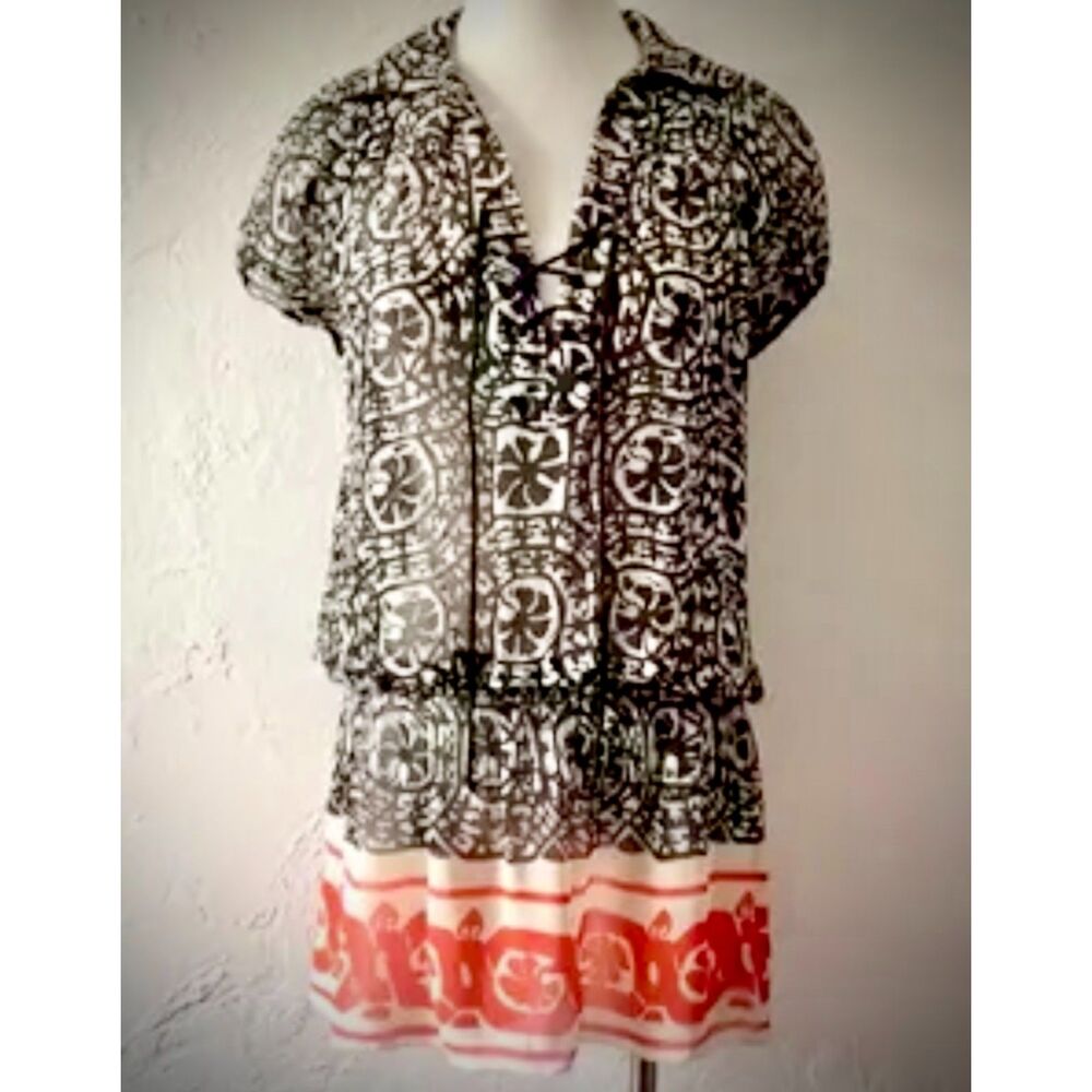 ~ Anna Sui XS Silk Mini Dress/Top Tunic Flowy Sheer Lace-Up Black Cream Orange